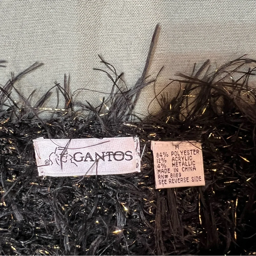 Gantos Eyelash Fringe Sweater Black Metallic Gold Pullover‎ 3/4 Sleeves Sz M VTG